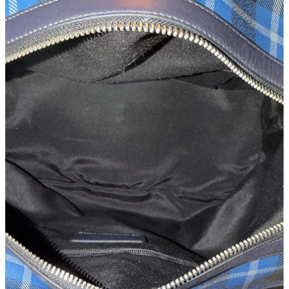 Coach Weekender Duffel Bag Blue Black Plaid Leather Trim Silver Hardware 17X11X9